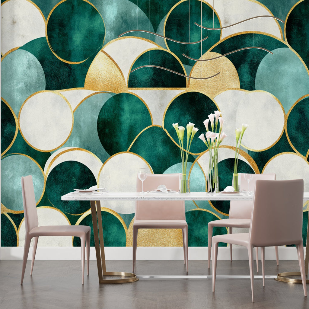 Modern home office with art deco green and gold circular pattern wallpaper