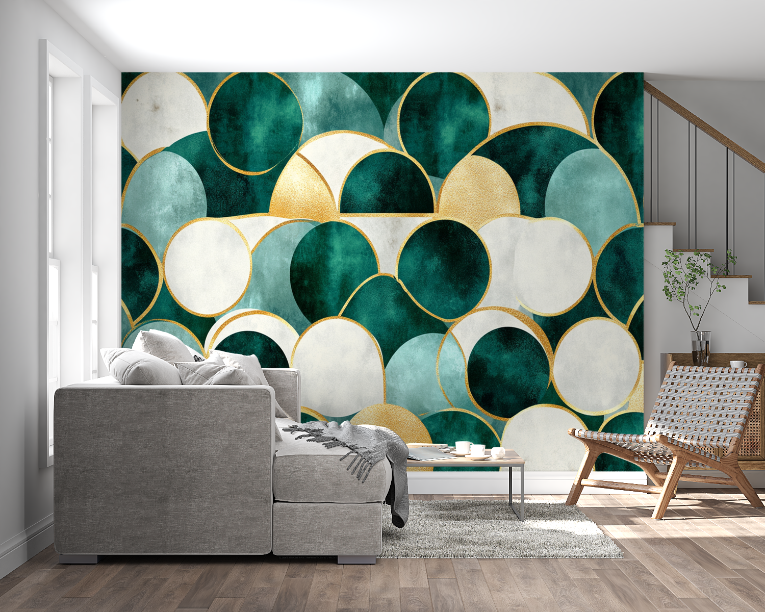 Elegant entryway featuring geometric circle wallpaper in green and gold tones