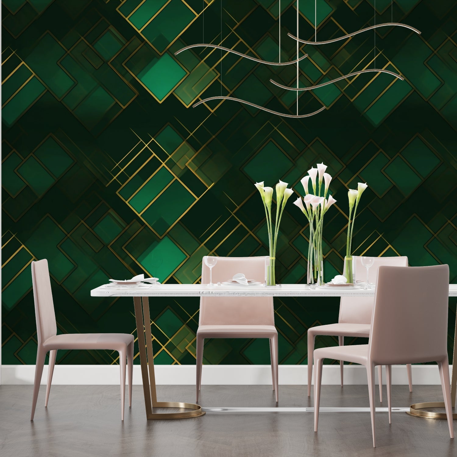 Geometric green and gold wallpaper in modern dining room, creating depth with art deco pattern