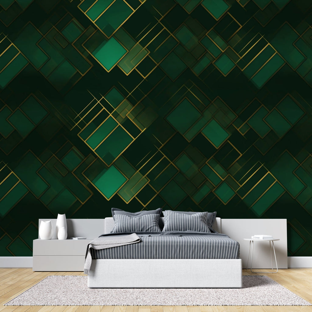 Art deco geometric wallpaper bringing luxury to master bedroom with emerald and gold tones