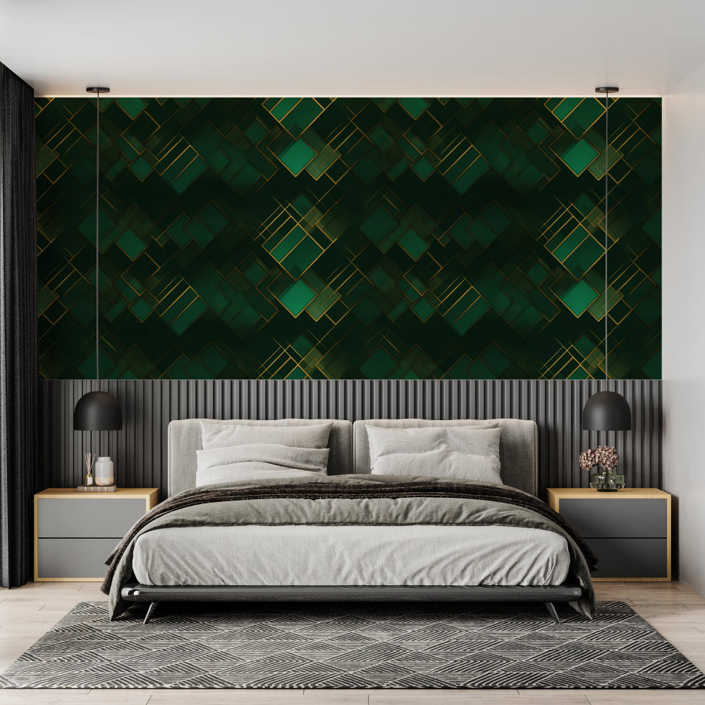 Green and gold geometric pattern wallpaper making home office look elegant