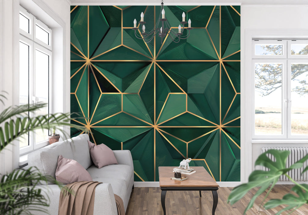 Modern office space showcasing green and gold geometric Art Deco wallpaper