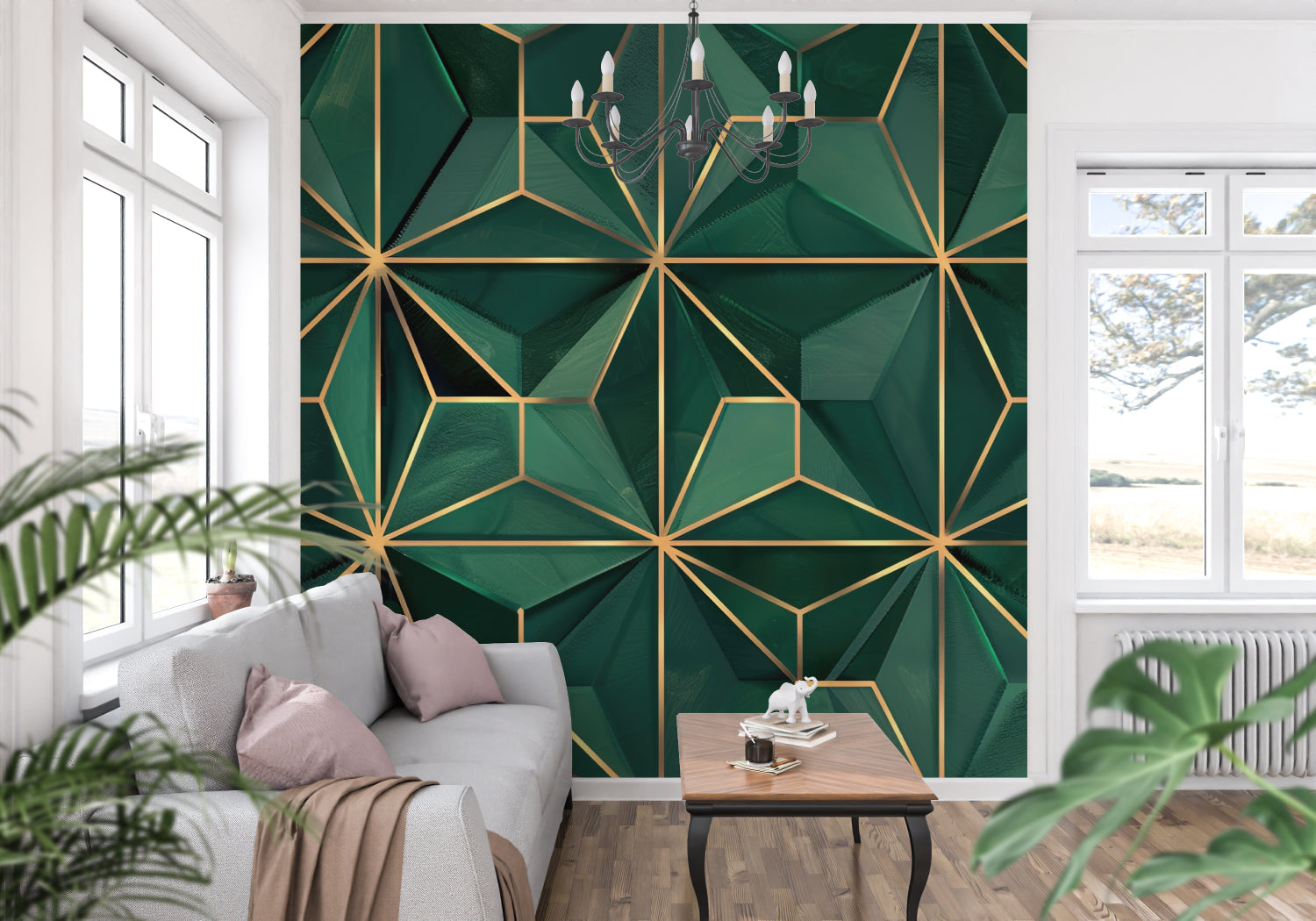 Modern office space showcasing green and gold geometric Art Deco wallpaper