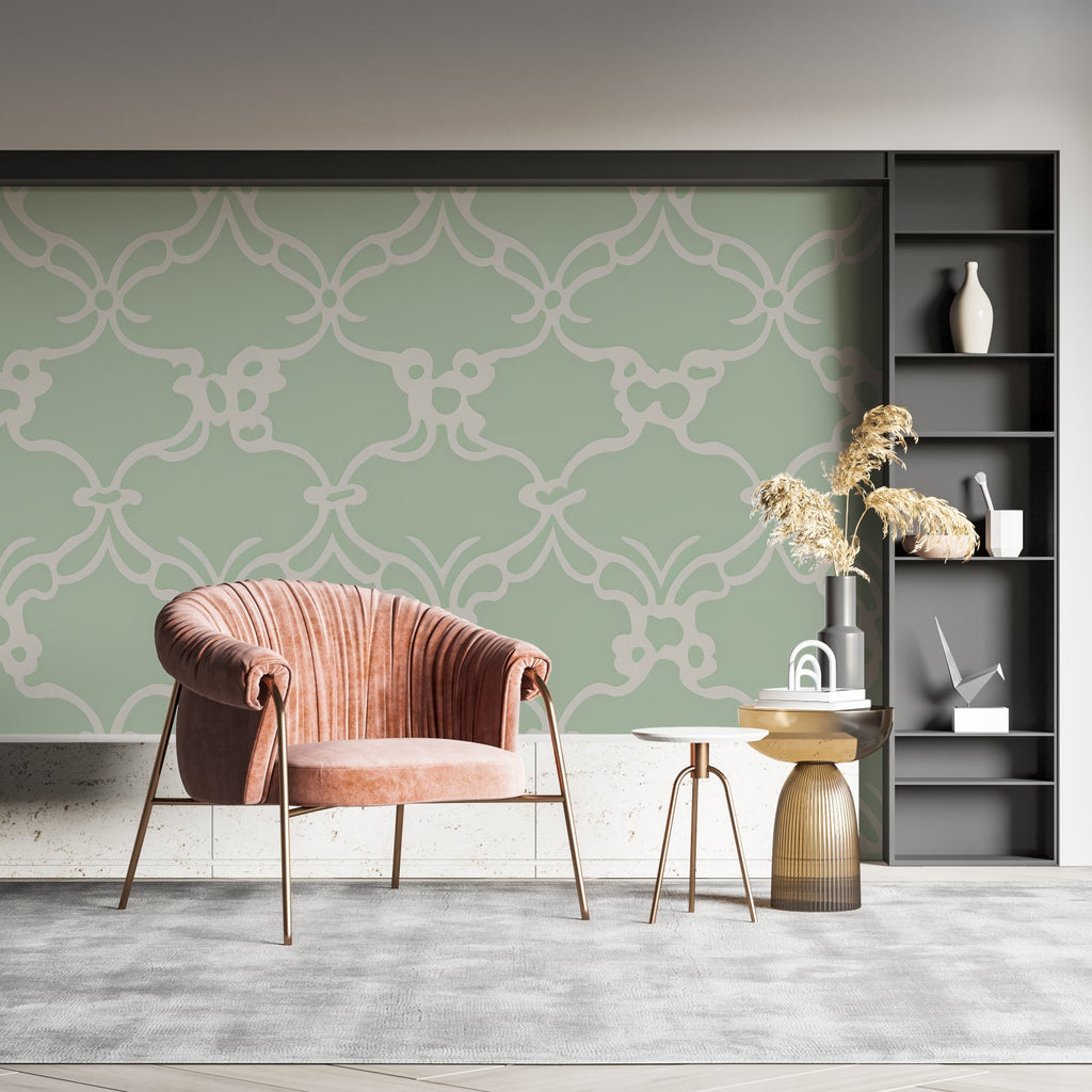 Sage green geometric pattern wallpaper featured in a cozy home office setting