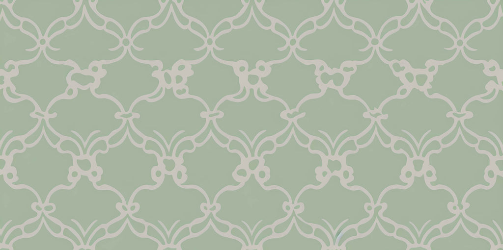 Design file showing the detailed art deco geometric pattern in sage green with flowing curves