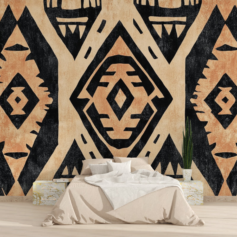 Aztec wallpaper pattern in bedroom with minimalist decor