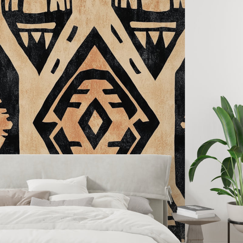 Terracotta geometric wallpaper in hallway with modern lighting