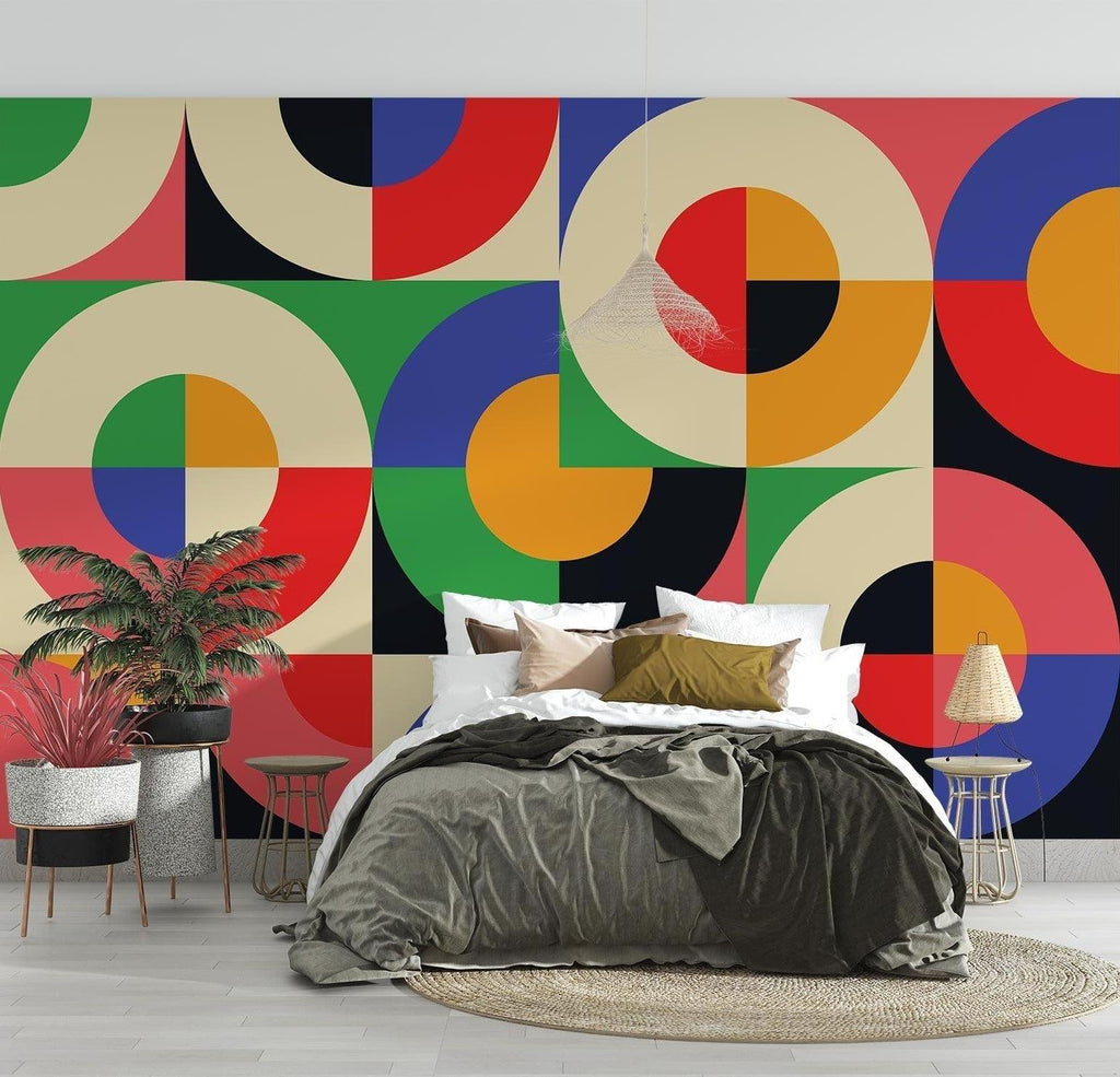 Geometric circle wallpaper brightening a modern living room with bold Bauhaus colors and patterns
