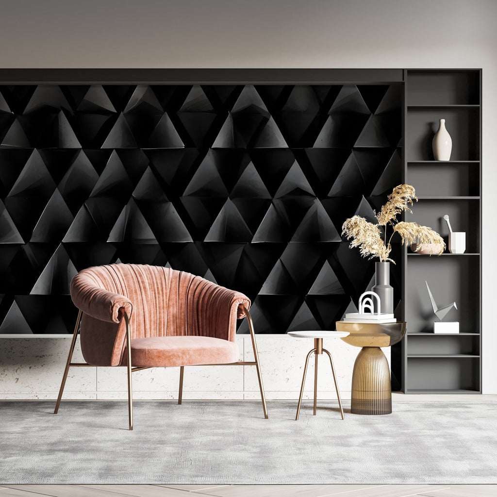 Home office featuring striking black 3D geometric wallpaper with triangle pattern