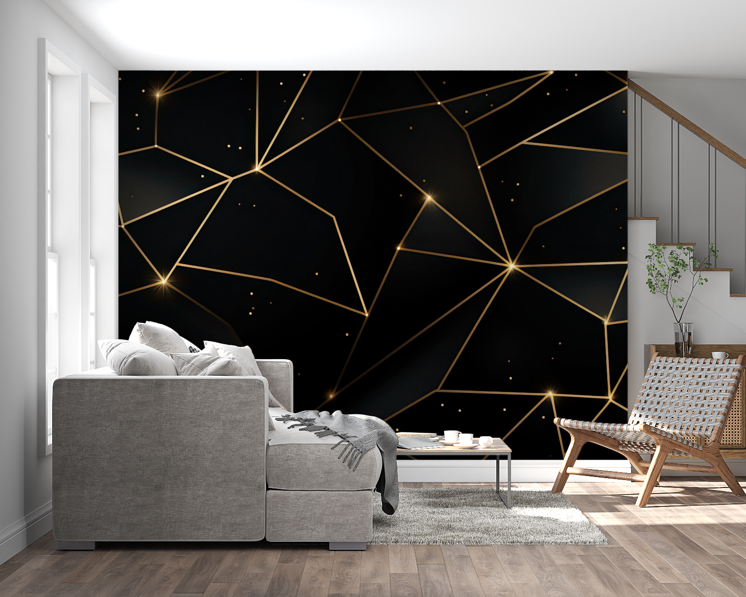 Geometric pattern wallpaper creating drama in luxury dining room setting
