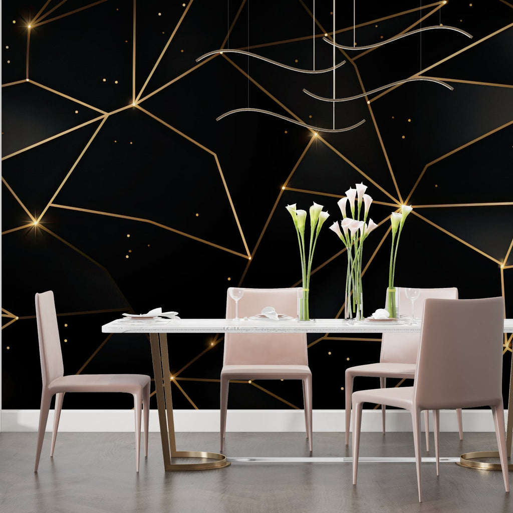 Modern geometric wallpaper transforming master bedroom accent wall