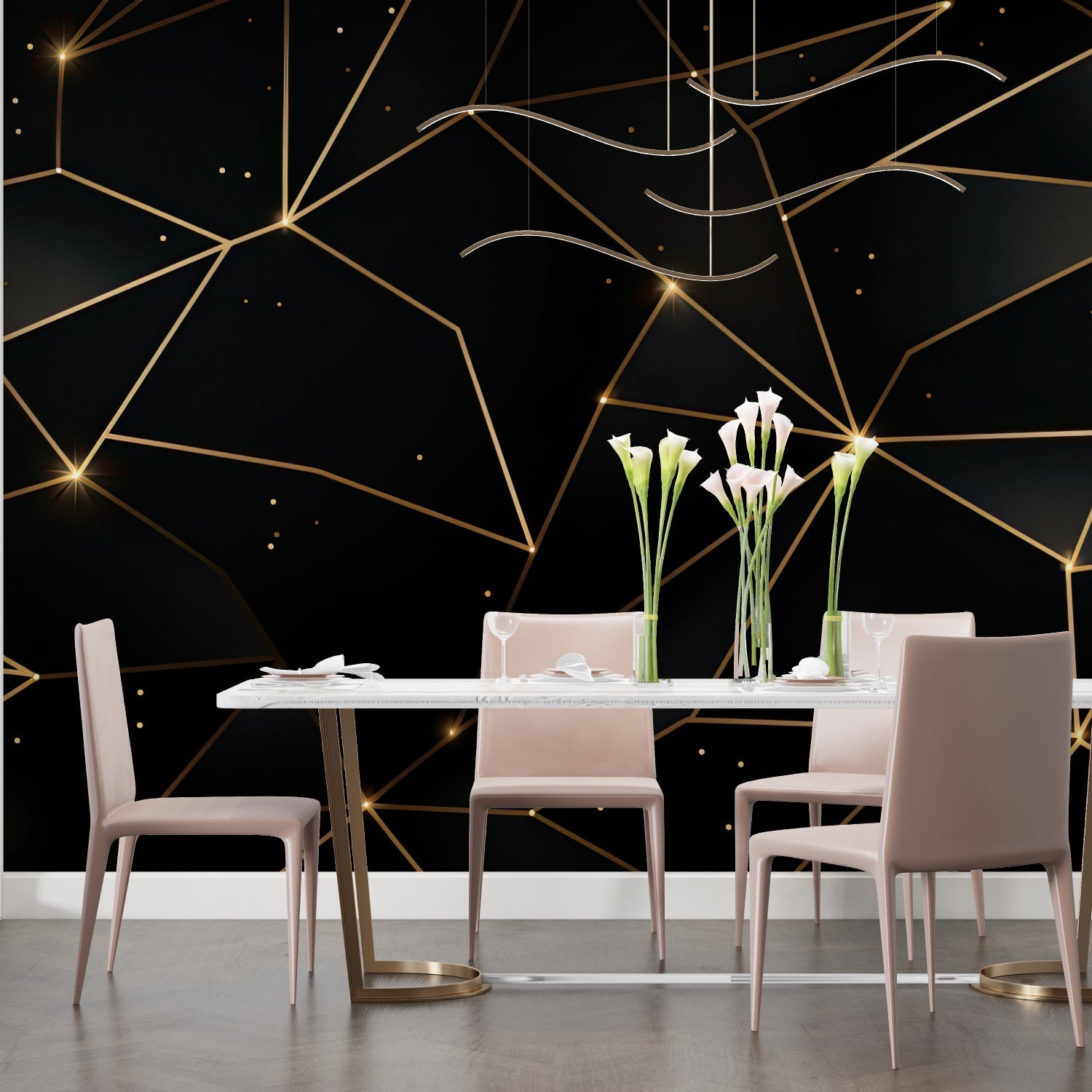 Modern geometric wallpaper transforming master bedroom accent wall