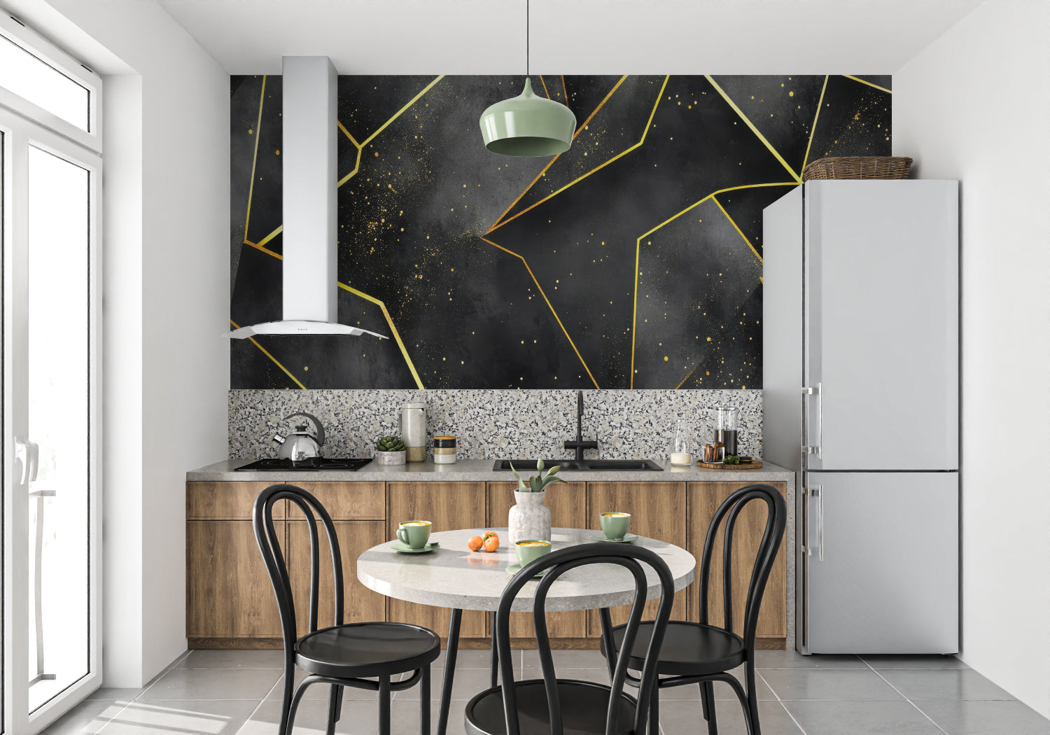 Geometric wall mural adding luxury to a minimalist dining room space