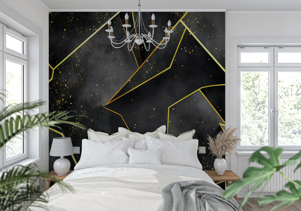 Angular geometric wallpaper making a statement in a contemporary bedroom