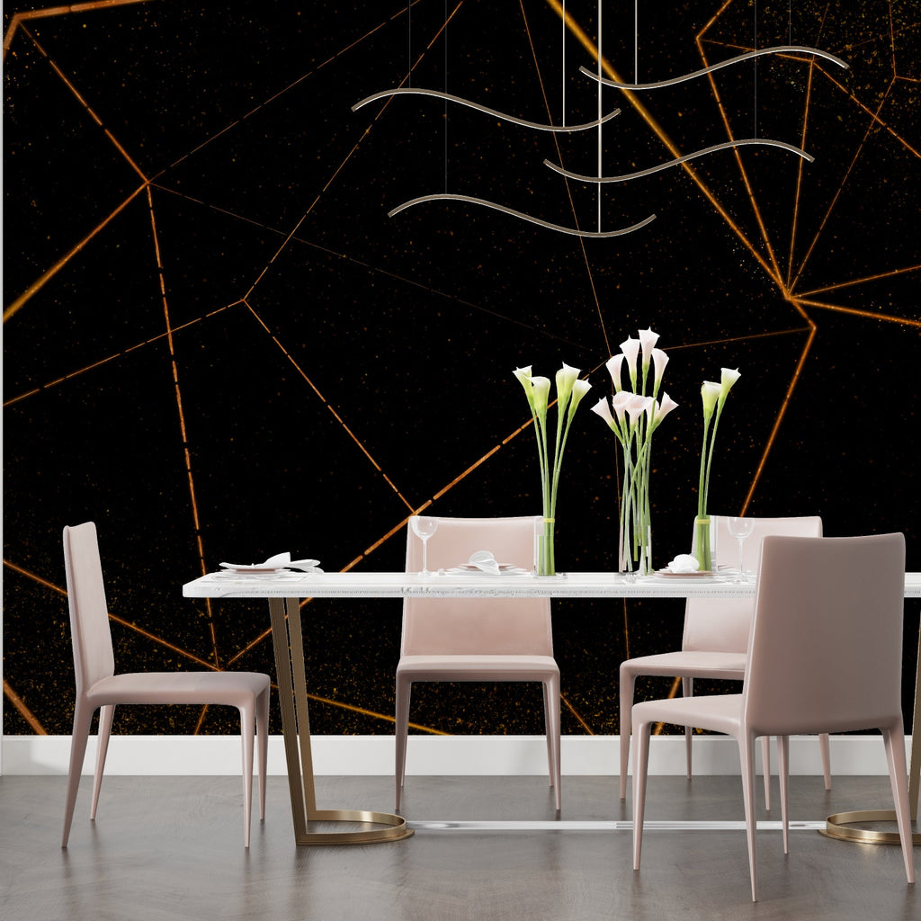 Geometric black and gold wallpaper creating drama in a modern living room with clean lines and contemporary furniture