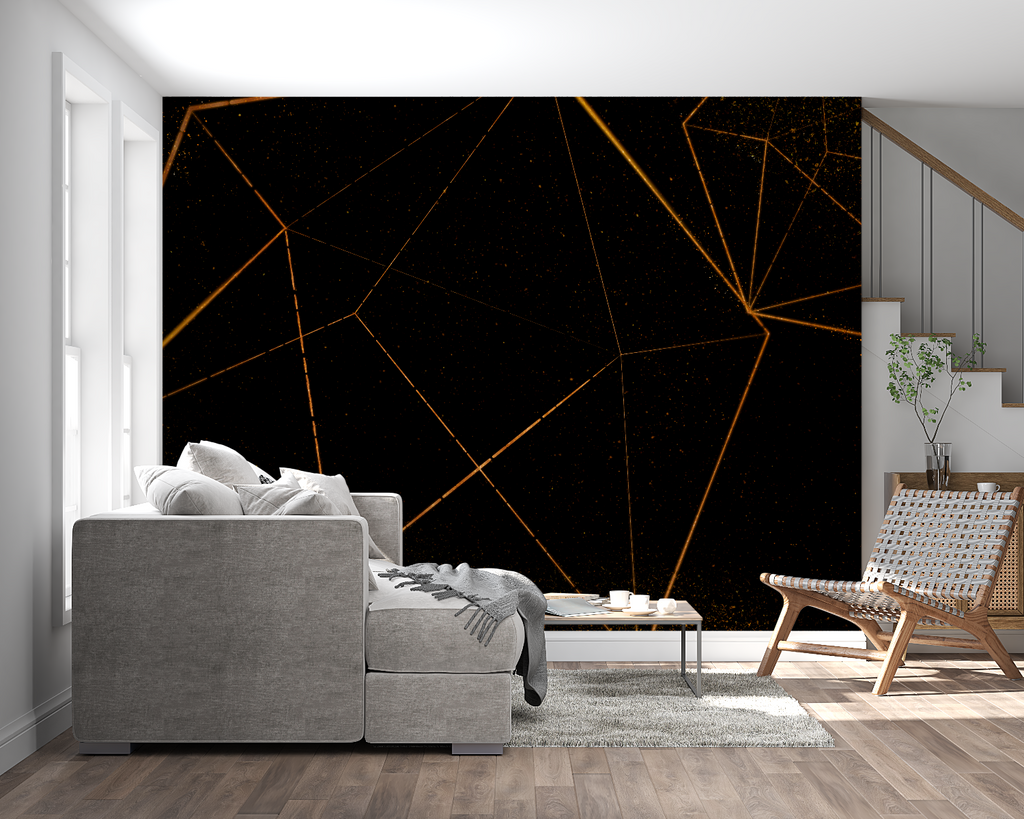 Art deco wall mural creating depth in a master bedroom with modern furnishings