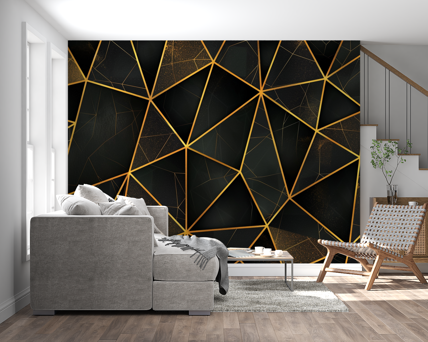 Art deco geometric pattern wallpaper in luxury dining room with crystal chandelier