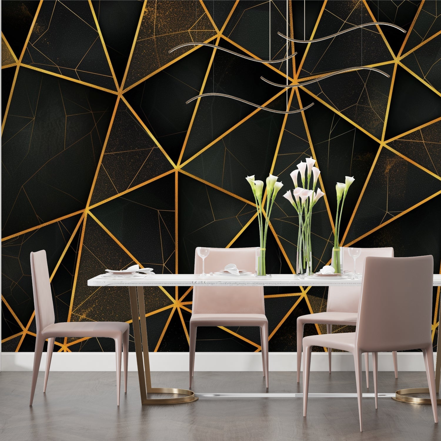 Black and gold geometric wallpaper in master bedroom adding sophistication