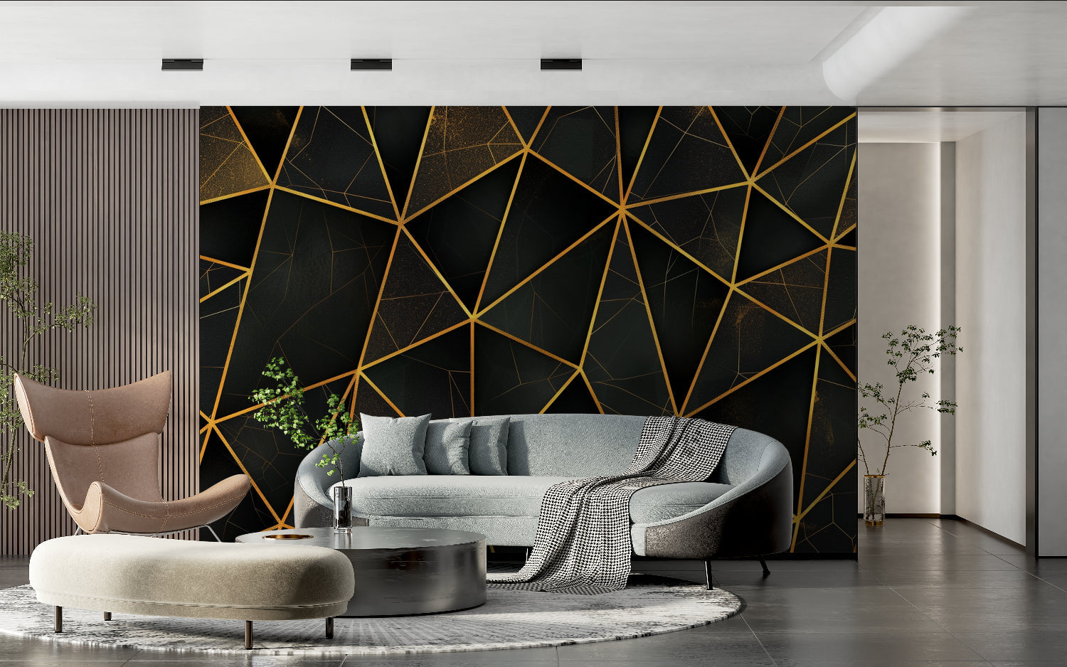 Art deco wallpaper pattern in hallway showcasing gold metallic finish