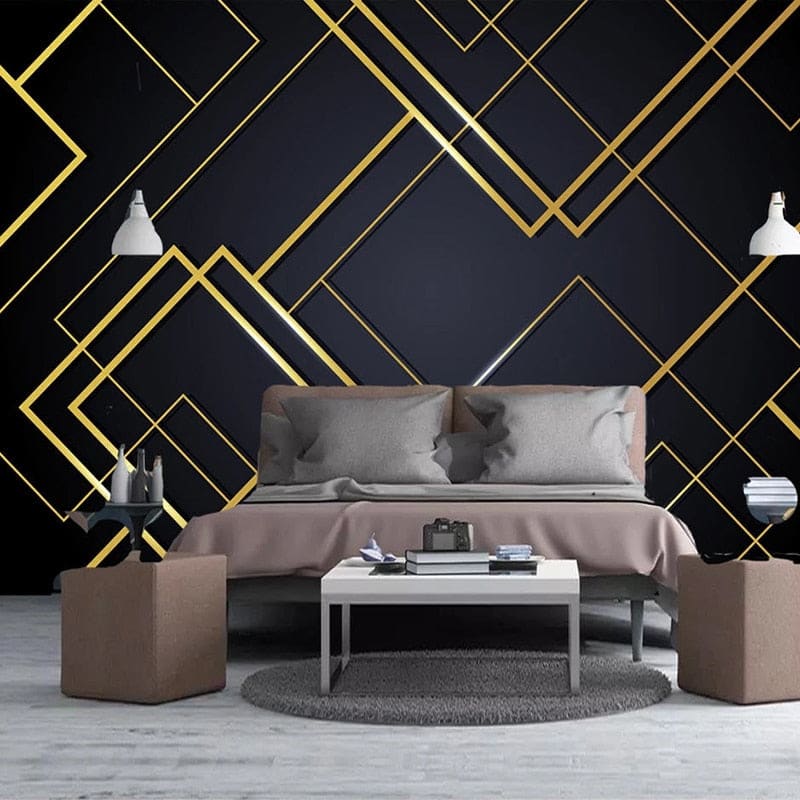 Art deco geometric pattern wall design in luxury dining room with crystal chandelier