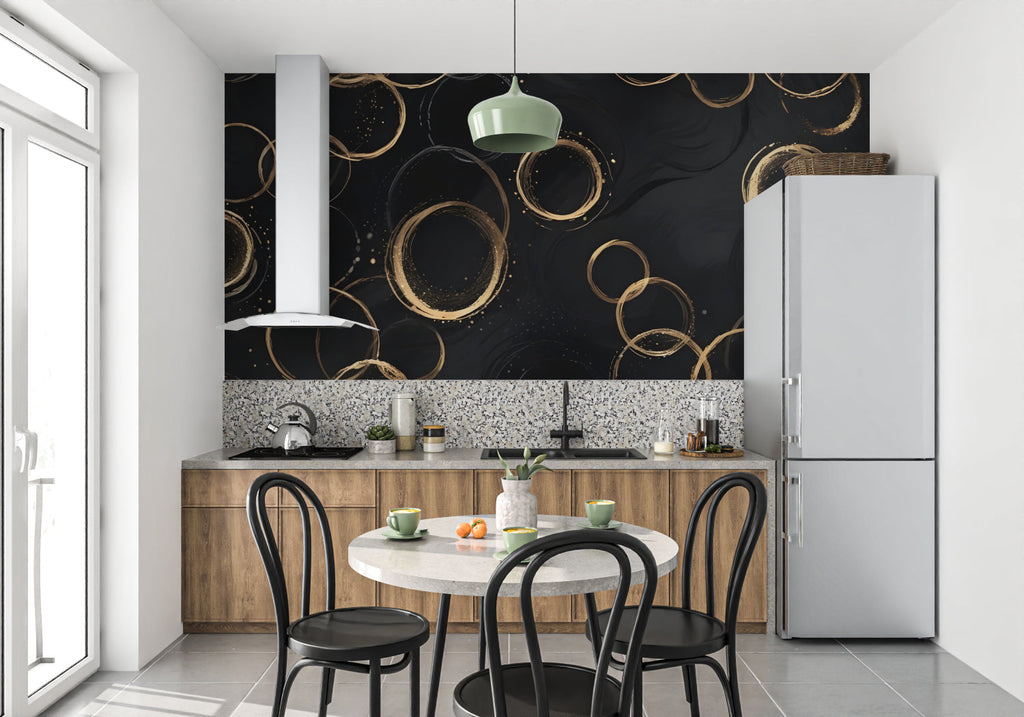 Black and gold geometric wallpaper creating drama in a modern living room with clean lines and minimal furniture