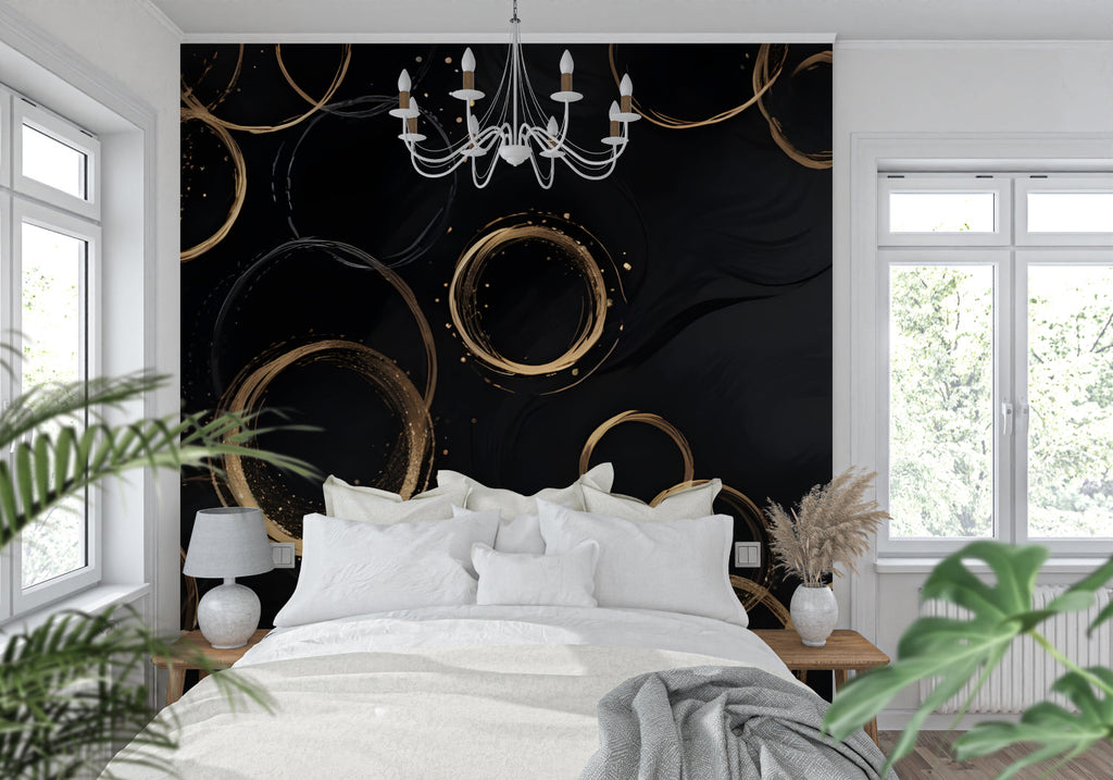 Geometric circle pattern wallpaper making a bold statement in an elegant dining room setting