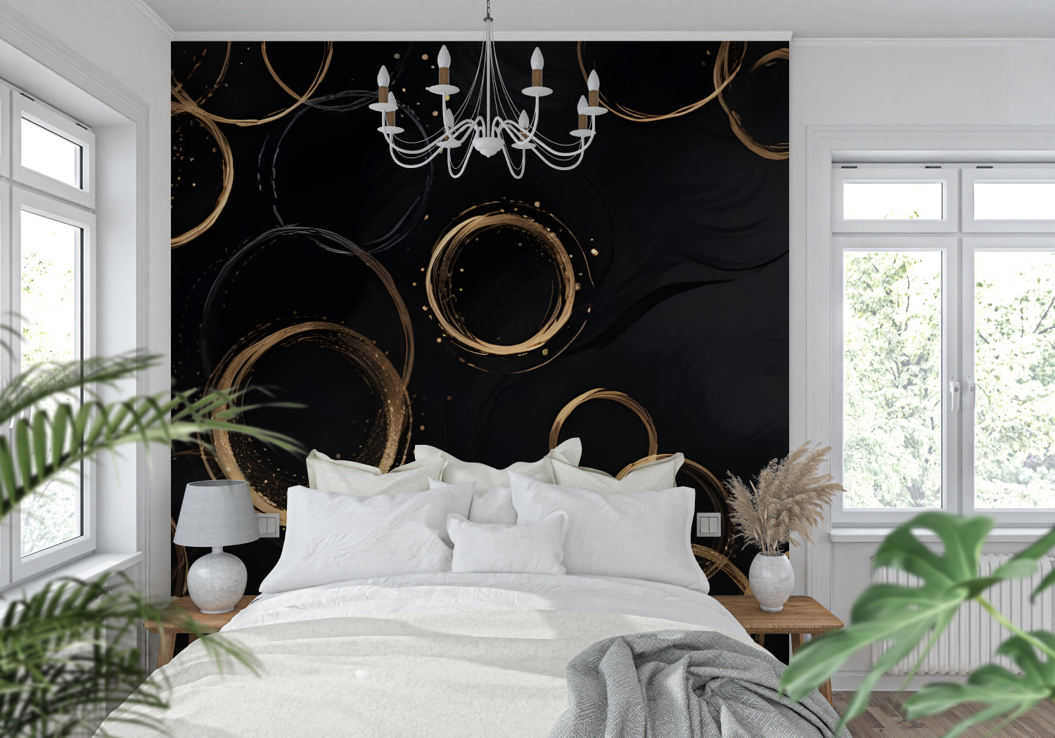 Geometric circle pattern wallpaper making a bold statement in an elegant dining room setting