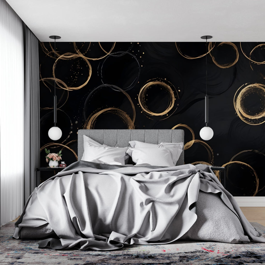 Black and gold circular wallpaper bringing sophistication to a master bedroom accent wall