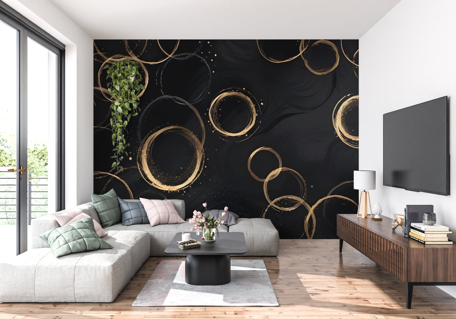 Modern geometric wallpaper adding luxury to a home office with golden accents