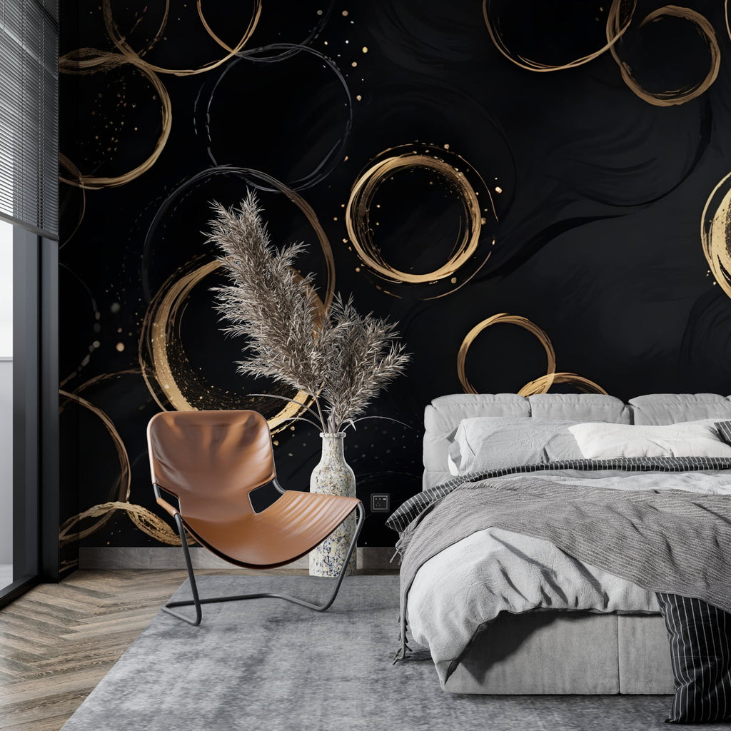 Geometric pattern mural enhancing an entrance hallway with floating gold circles
