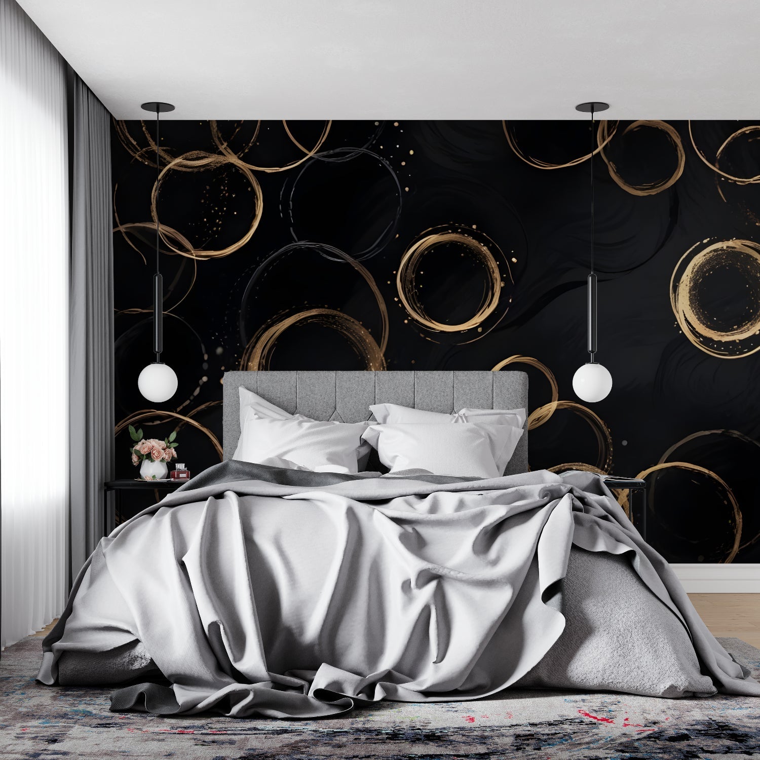 Geometric black and gold wallpaper adding luxury to a master bedroom wall