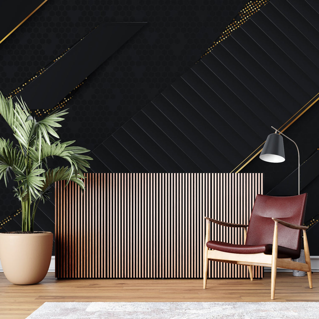 Black and gold geometric wallpaper in dining room makes bold statement