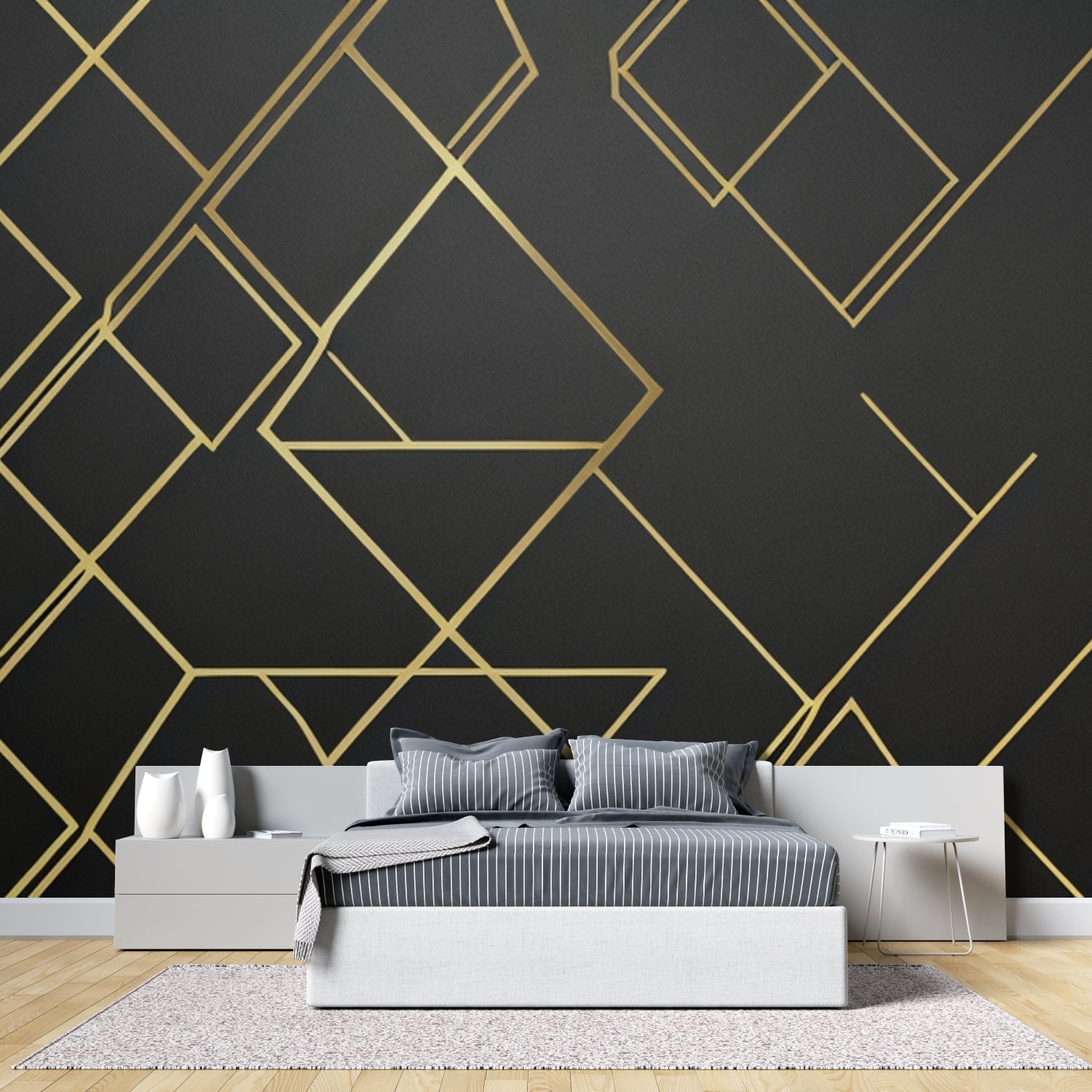 Black and gold geometric wallpaper creating drama in master bedroom
