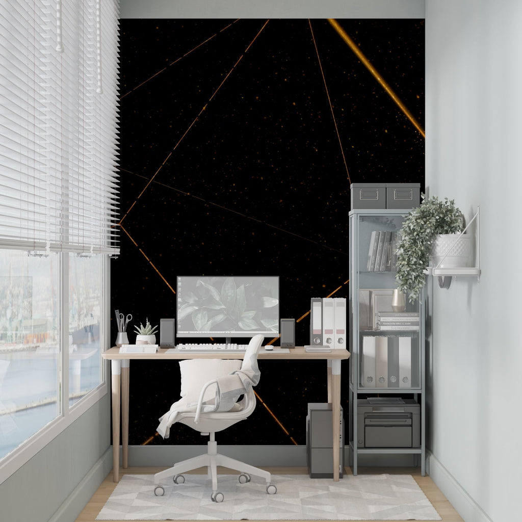 Geometric linear pattern wallpaper creating depth in a sleek home office with desk and chair