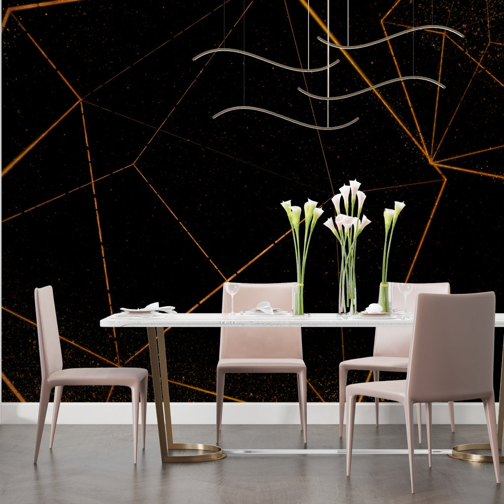 Modern office space featuring geometric linear wallpaper in black and gold