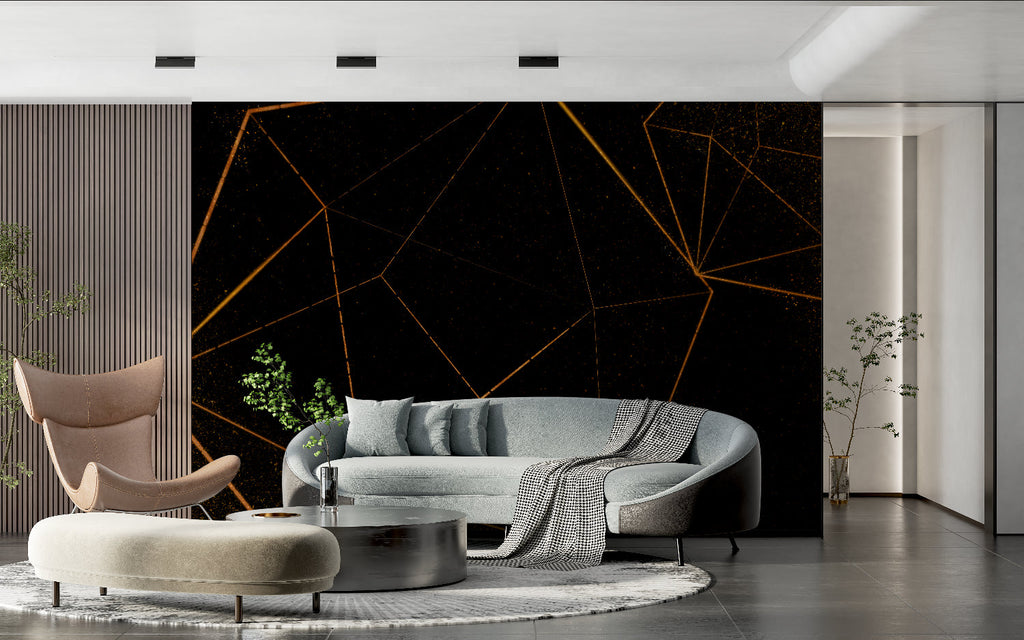 Dining room with geometric black and gold wallpaper creating elegant atmosphere