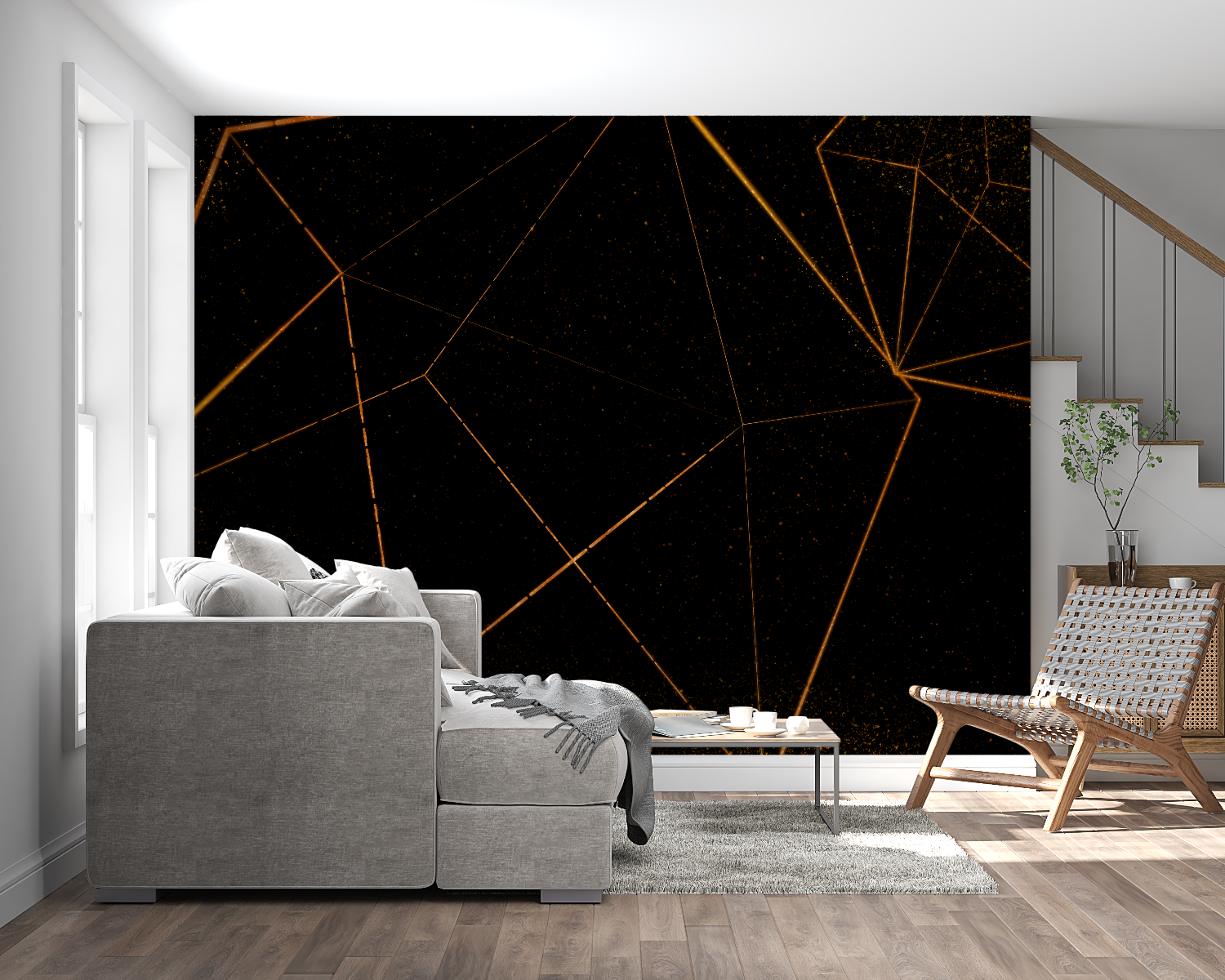 Hallway showcasing black and gold geometric wall mural in evening light