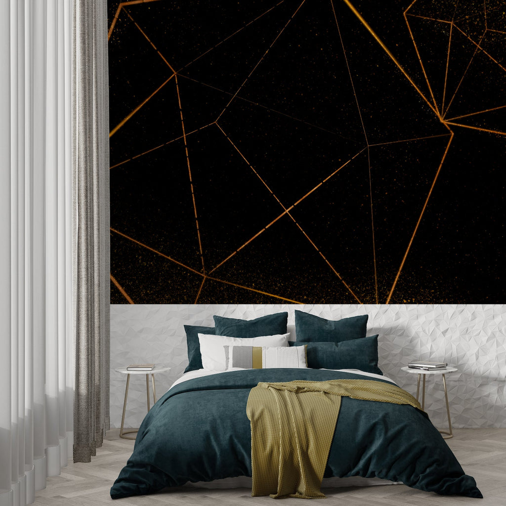 Gold geometric pattern wallpaper in master bedroom with modern furnishings