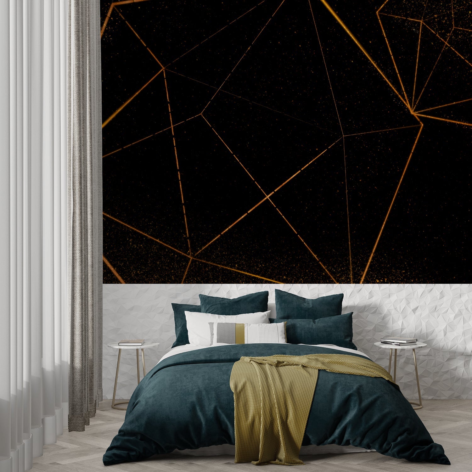 Gold geometric pattern wallpaper in master bedroom with modern furnishings