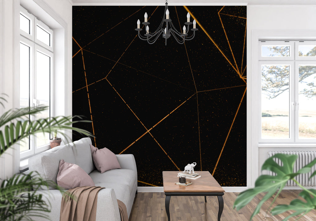 Linear geometric wallpaper accent wall in stylish hallway setting
