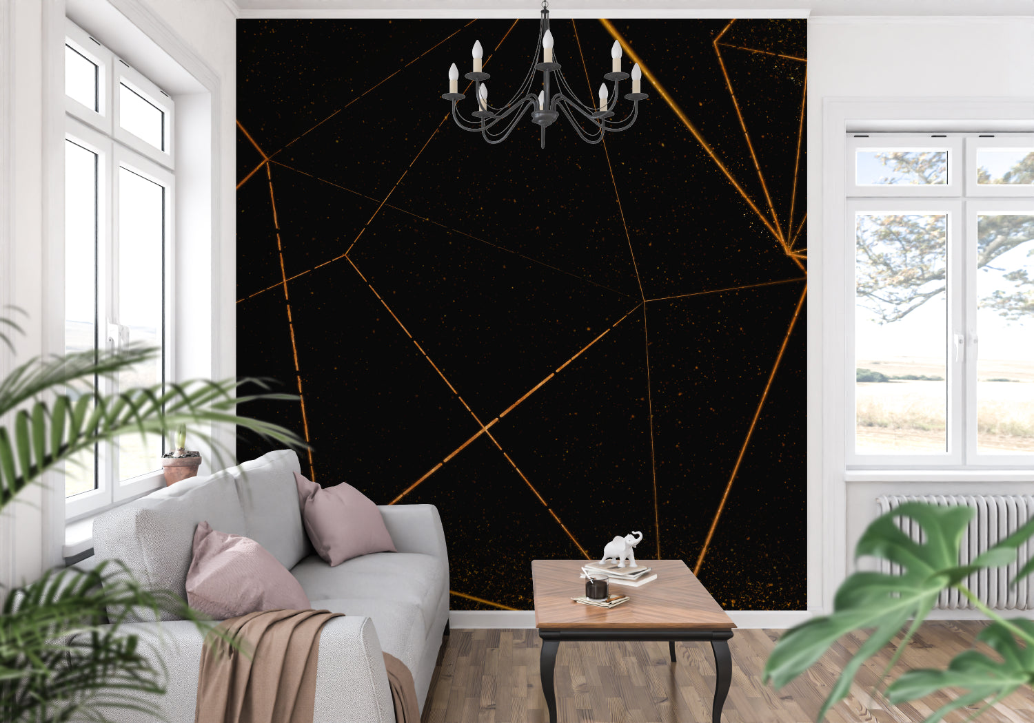 Linear geometric wallpaper accent wall in stylish hallway setting