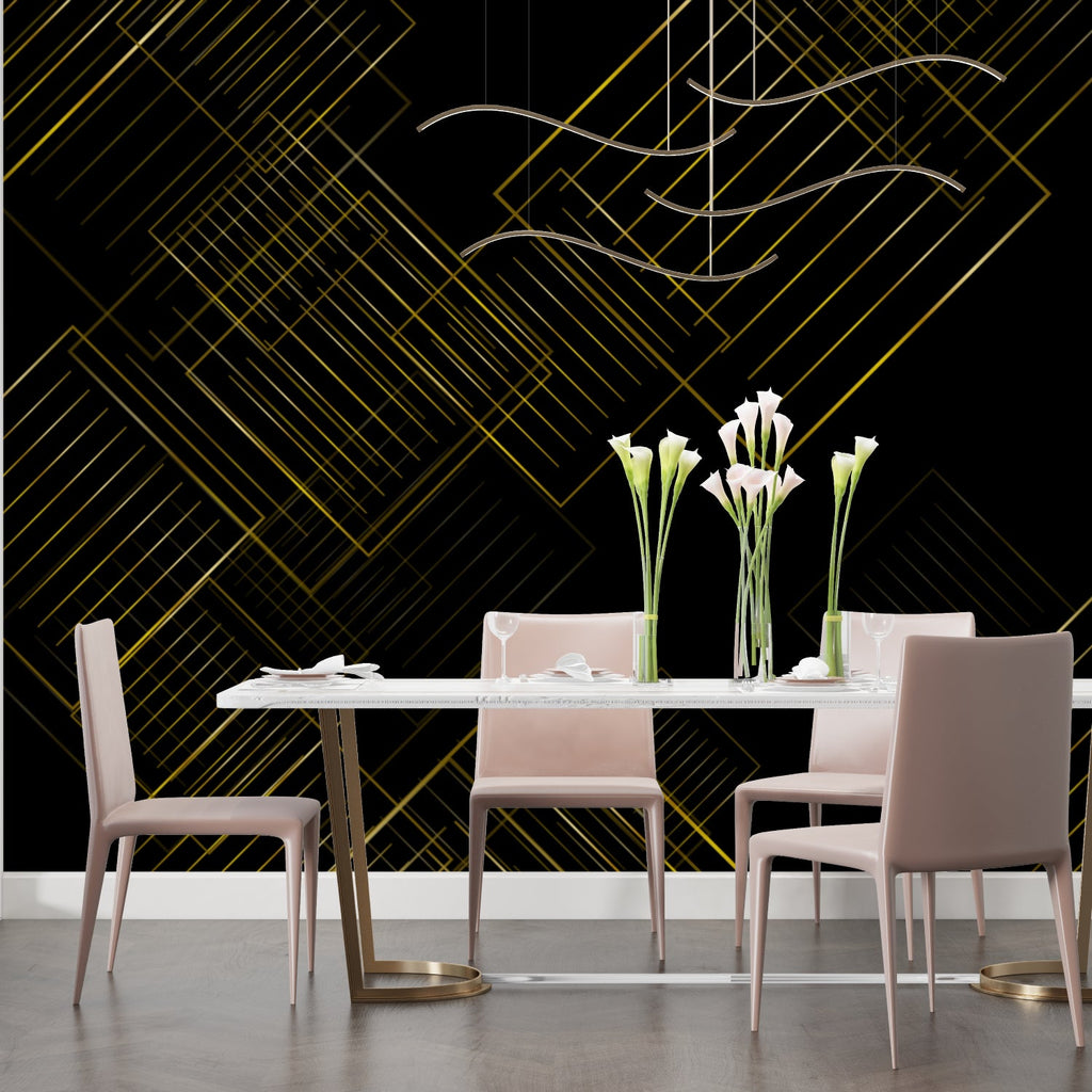 Dining room with geometric black and gold wallpaper creating elegant atmosphere
