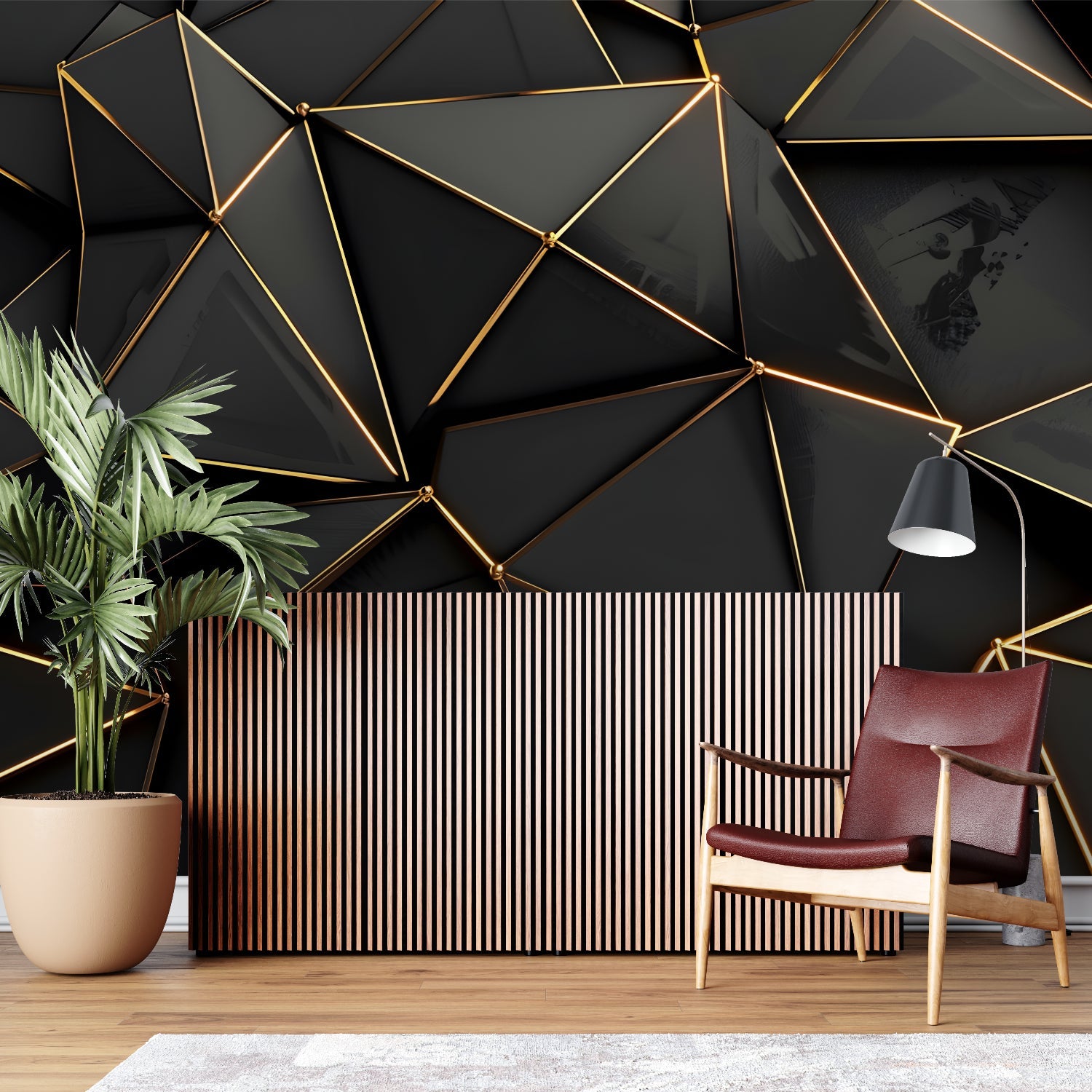 Geometric black and gold wall mural in an elegant master bedroom with ambient lighting