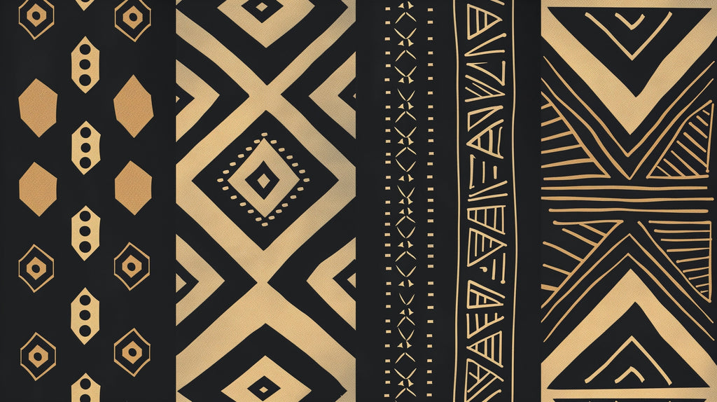 Black and gold geometric tribal pattern design file showing intricate details and metallic elements