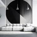 Modern geometric circle wallpaper creating a bold statement wall in a minimalist living room with natural lighting