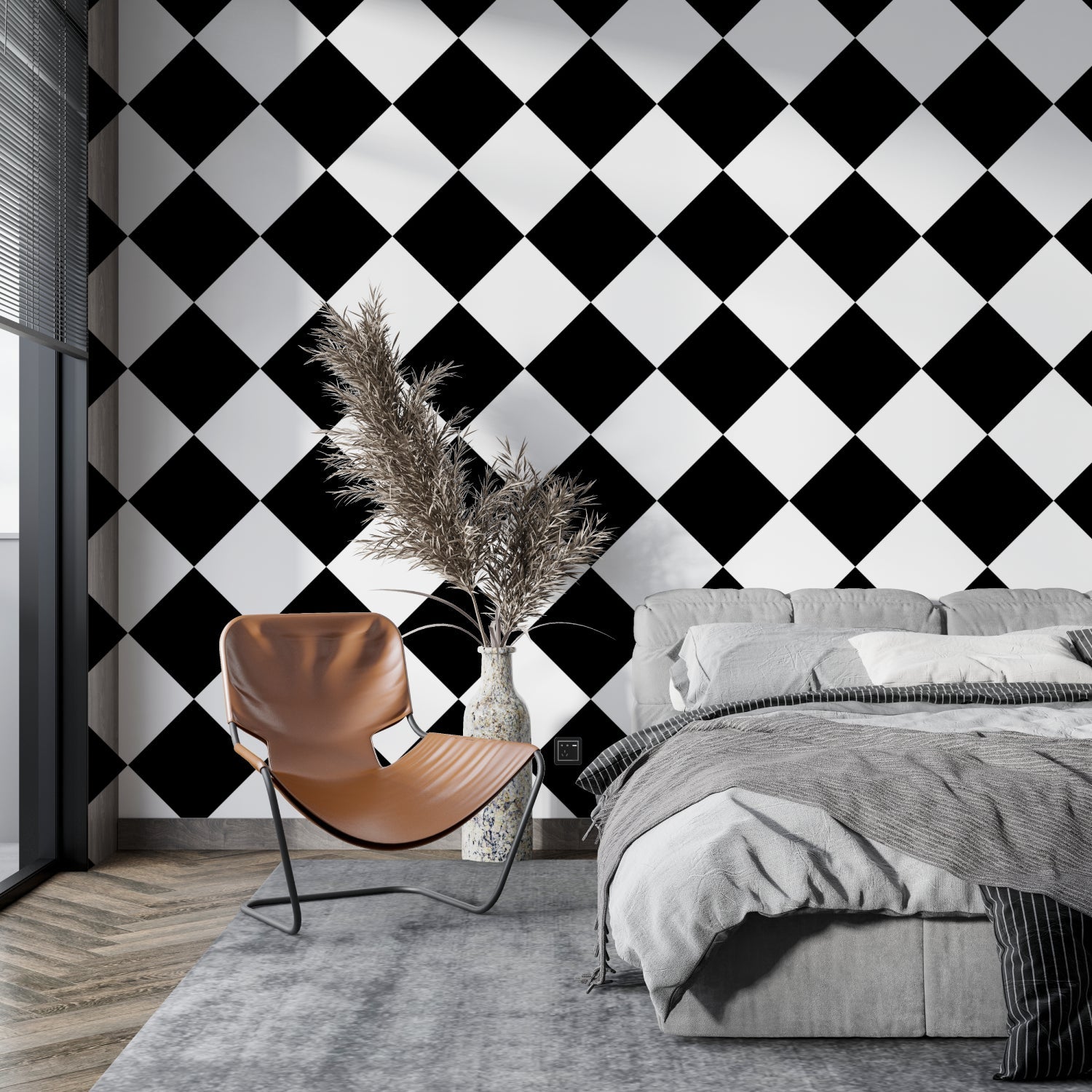 Black and white geometric diamond wallpaper in a modern living room creating a stunning focal wall