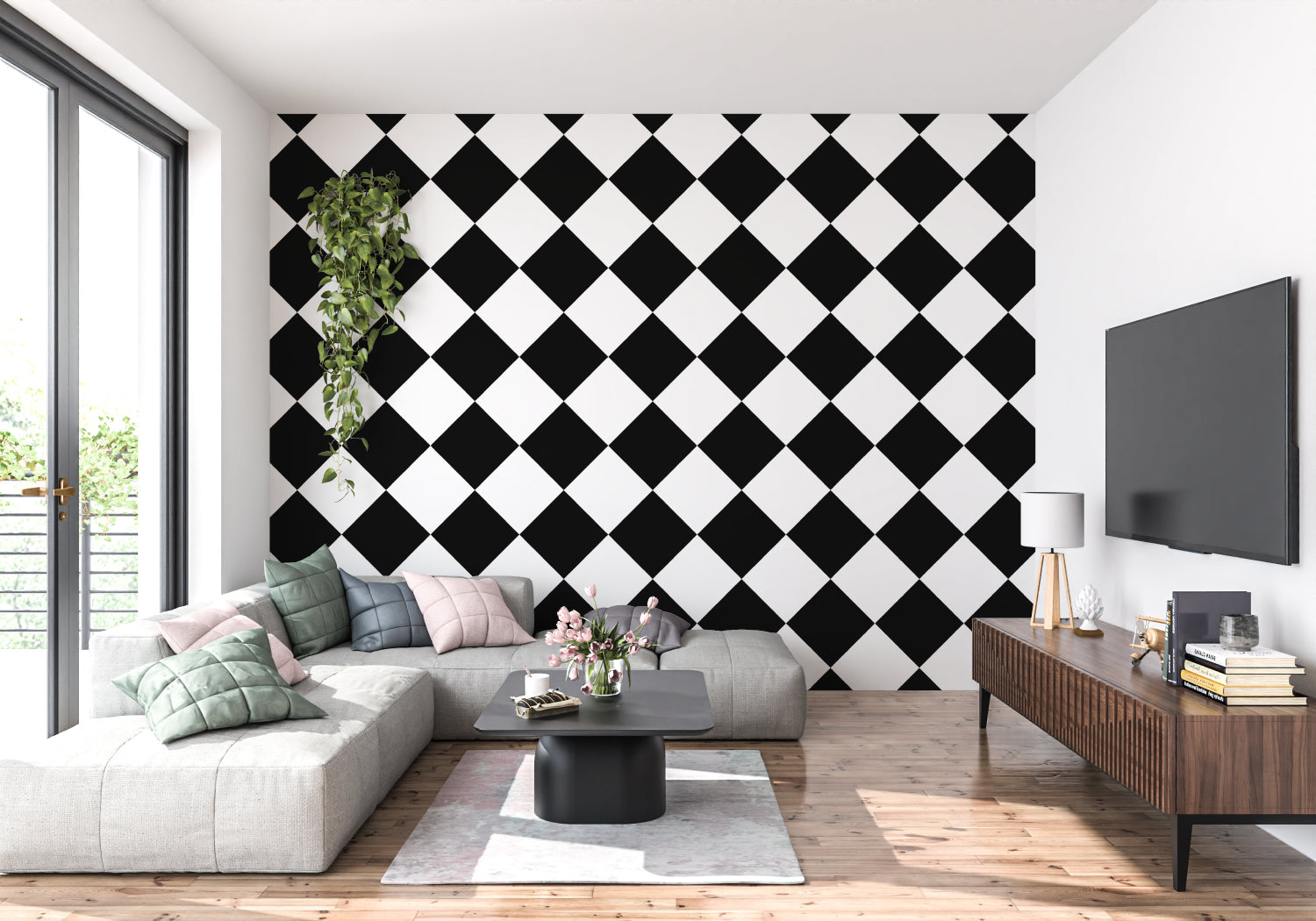 Diamond pattern wallpaper adding depth to a minimalist home office space