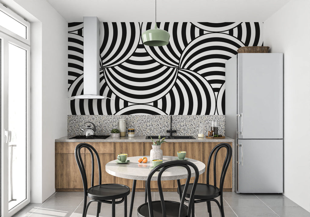 Geometric optical illusion wallpaper adding depth to contemporary dining room