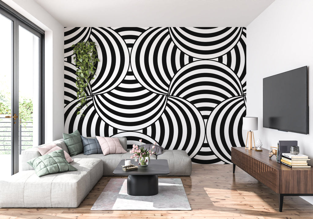 Black and white pattern wallpaper making statement in modern home office setup