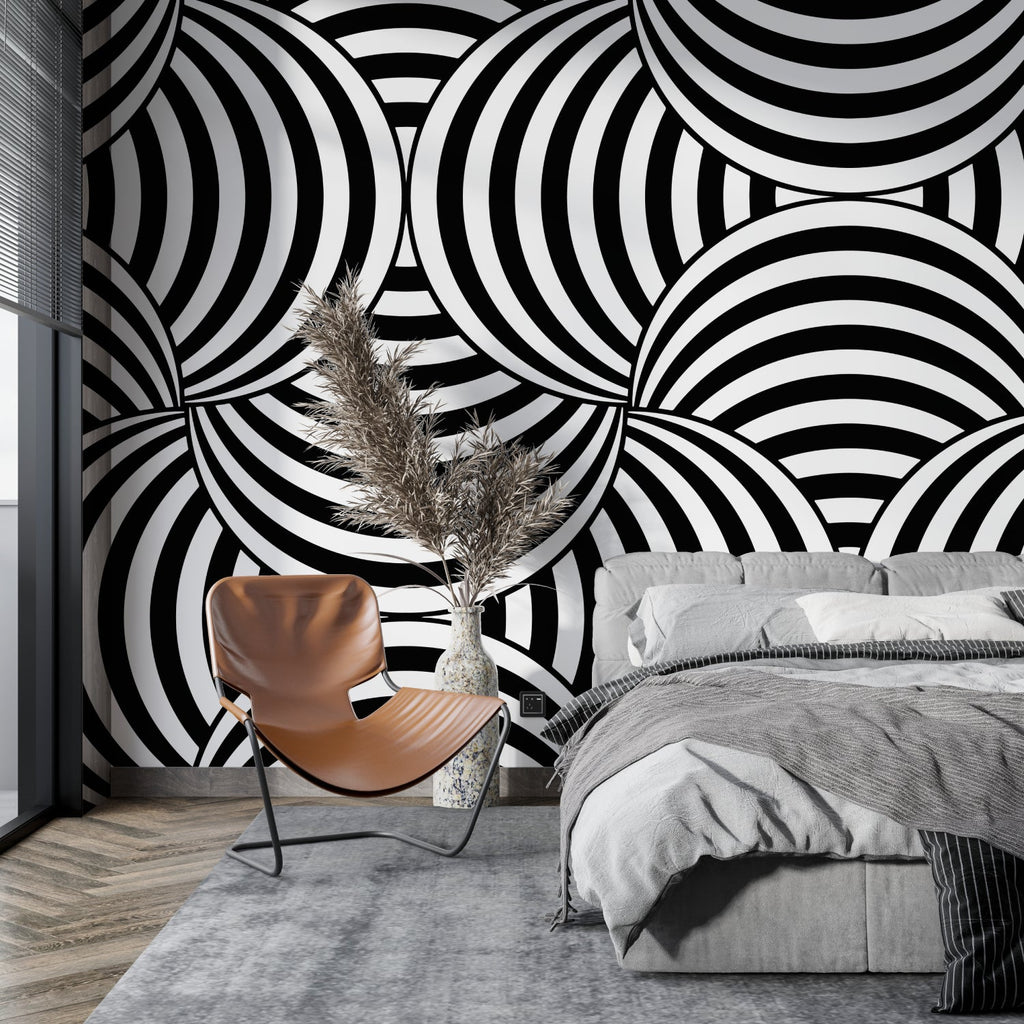 Modern optical pattern adorning sleek hallway wall with dramatic lighting